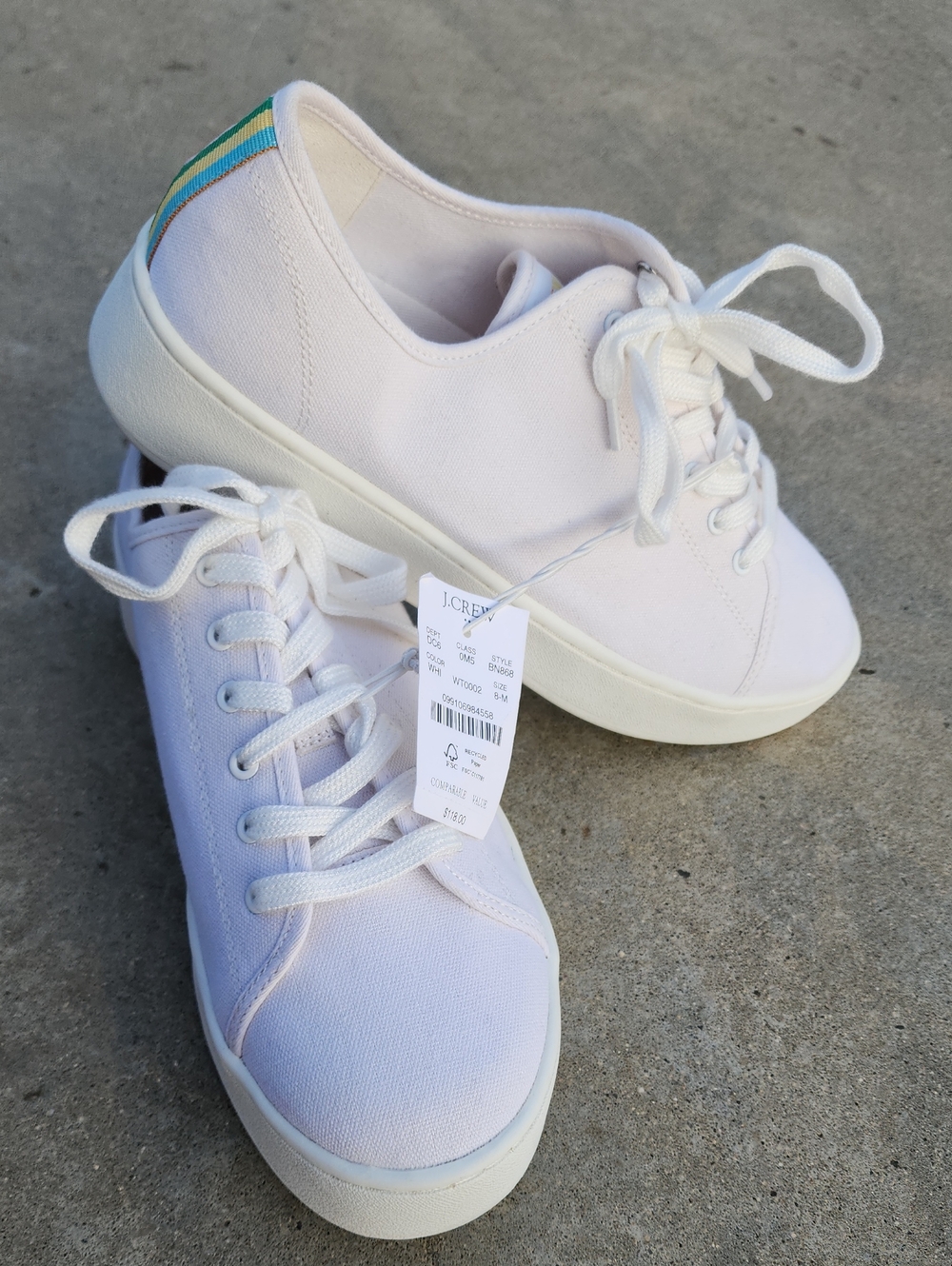 J. Crew Factory White Canvas Platform  Sneakers with Green & Blue Heel Stripe